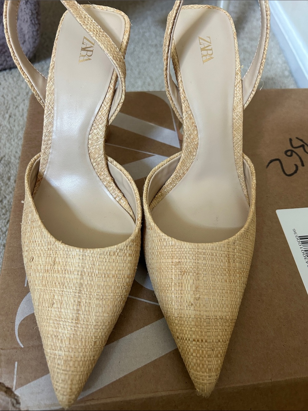 Zara Beige Pointed-Toe Slingback Heels with Metallic Sculpted Heel - Picture 2 of 6